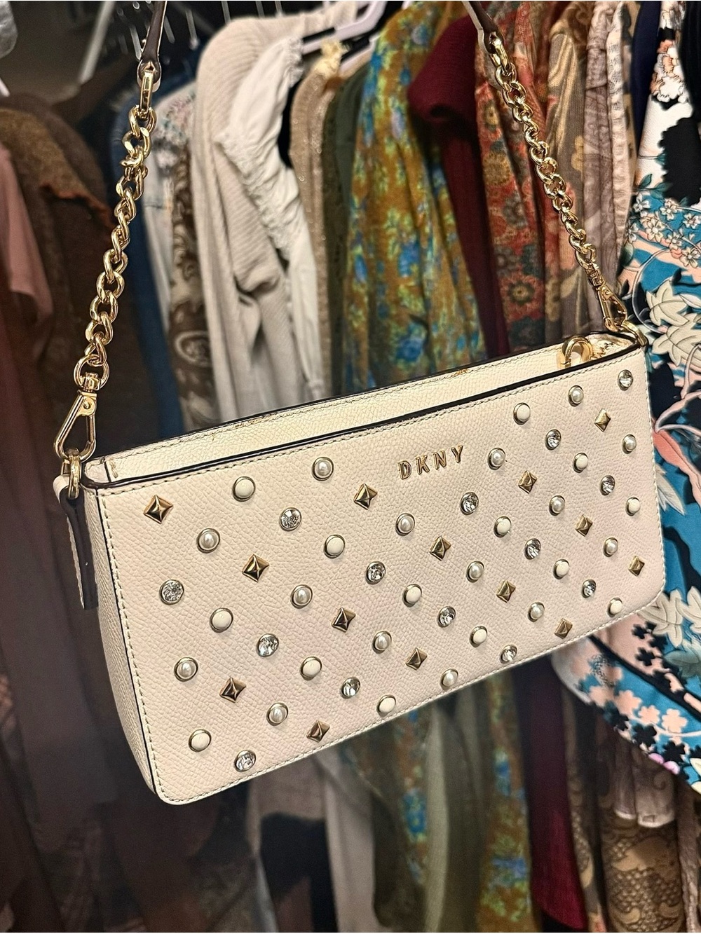 DKNY Cream Studded Leather Wristlet with Gold Chain